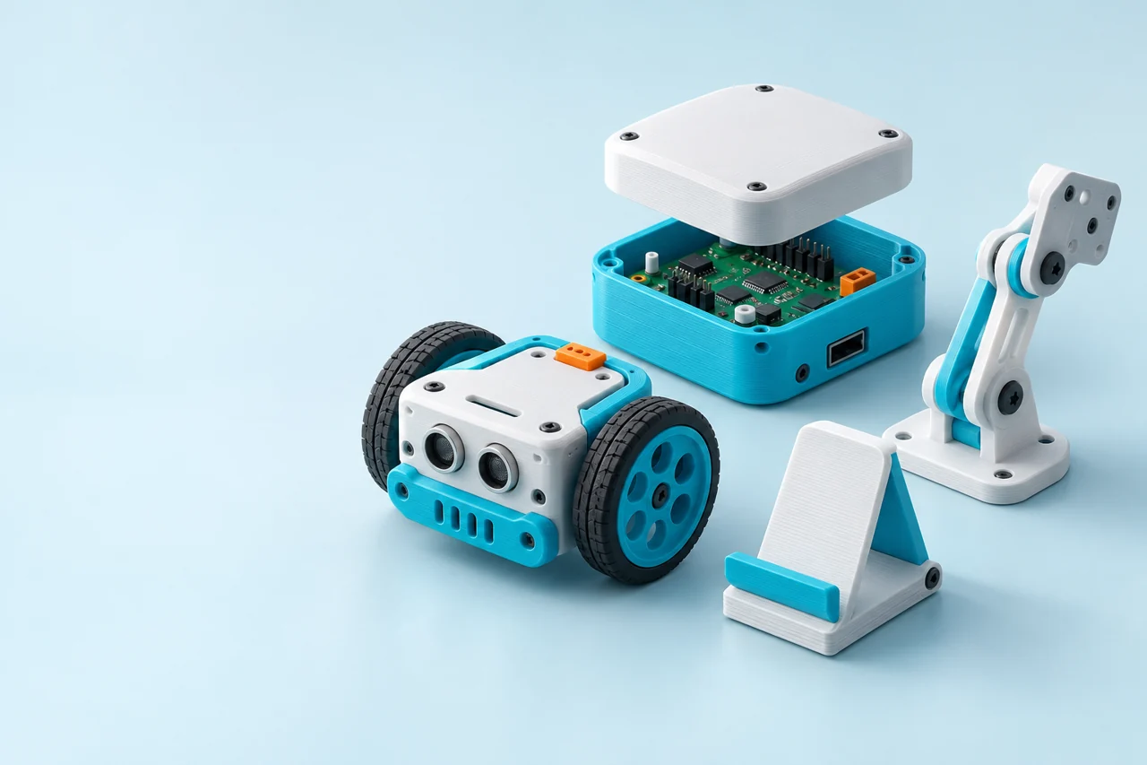 Ilustración de una carcasa, un chasis y accesorios de impresión 3D para proyectos